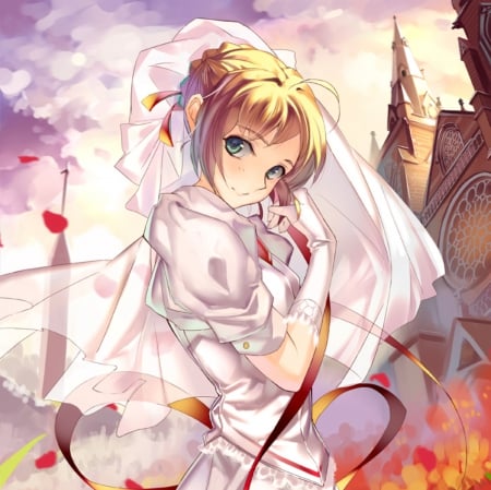 Saber Bride - pretty, saber, anime, female, dress, broide, blonde, blond hair, saber bride, happy, gorgeous, blond, nice, gown, anime girl, beautiful, wedding, girl, blonde hair, beauty, lovely, sweet, petals, white, fate stay night