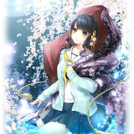 Blossoms - anime girl, black hair, spring, white, cherry blossom, art, petals, sakura blossom, lady, long hair, hood, butterfly, flora, sakura, beautiful, pink, sweet, dress, woman, nice, beauty, trees, female, pretty, anime, blouse, cute, girl, cherry, lovely, blue, blossom, flowers, flower