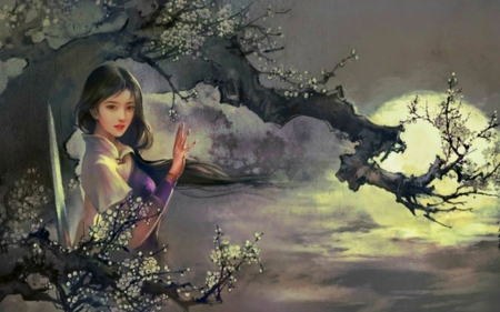 Beautiful Girl - moon, woman, sword, art, tree