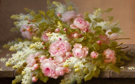 White lilac and pink roses - bouquet, still life, rose, white, painting, art, pink, lilac, flower