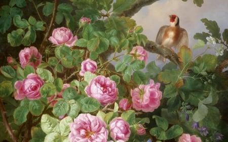 Roses - rose, bird, pink, still life, painting, art, green