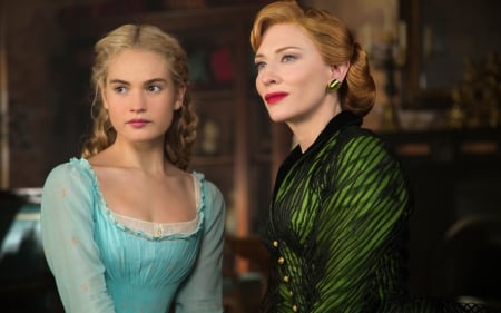 Cinderella (2015) - actress, cate blanchett, cinderella, blonde, girl, redhead, blue, fantasy, lily james, movie, lady tremaine, couple, woman, disney, green