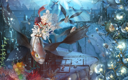 Underwater - bubbles, anime, girl, blue, manga, art, fantasy, fish, sea, underwater