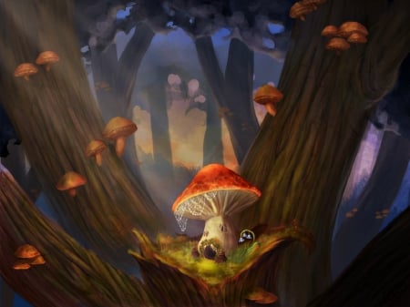 Mushrooms - mushroom, art, forest, woods, luminos, red, tree, fantasy