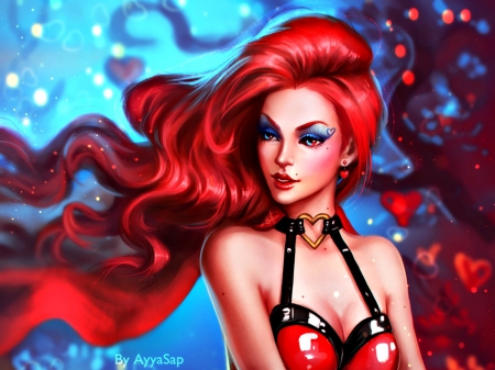 Lady Love - blue, girl, lady love, fantasy, redhead, valentine, woman, ayyasap, art