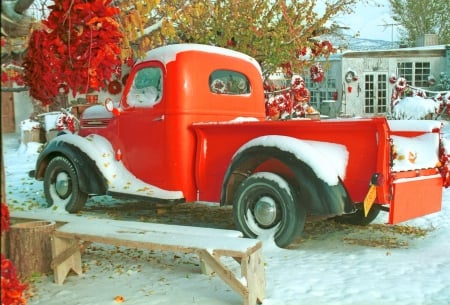 Old Pick-up - autumn, trees, car, snow, red, colors