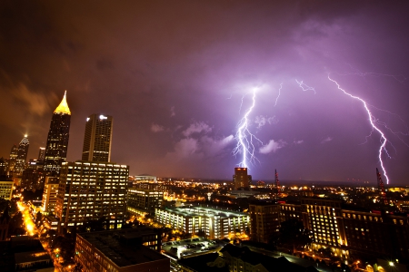 City Lightning - city, night, lightning, buildings, weather, storm