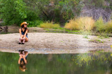 Taking In The View - shorts, boots, hat, cowgirl