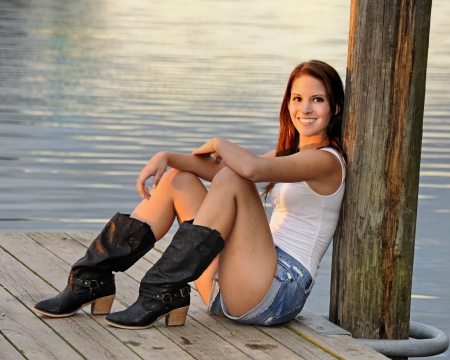 A Cowgirl Moment - cowgirl, shorts, dock, boots