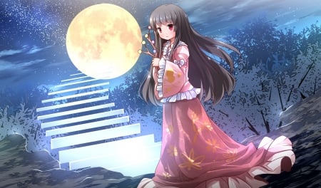 Moon Stair - nice, female, anime girl, touhou, pretty, glowing, anime, cute, scene, moon, adorable, girl, light, night, long hair, lovely, glow, kawaii, houraisan kaguya, sweet, dress