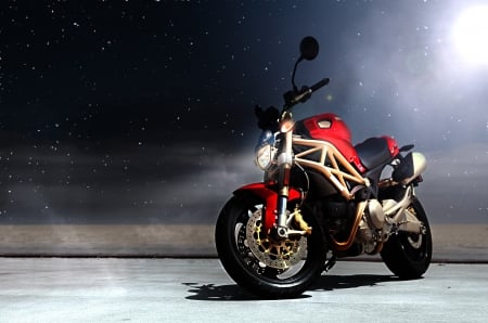 bike - motorcycles, bike on road, night, desktop, bike, red, creation, effects, red bike