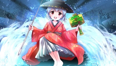 Needle ... - female, hat, smiling, anime girl, touhou, anime, sukuna shinmyoumaru, kimono, cute, needle, adorable, girl, hammer, kawaii, yukata, smile, dress, happy