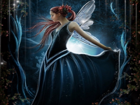 MOONLIT FAIRY - wings, forest, fairy, female, night, dress, moonlit