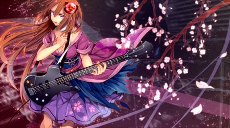 ❁ Cherry Blossom Melody ❁ - flower in hair, guitar, anime, anime girl, cherry blossoms, petals