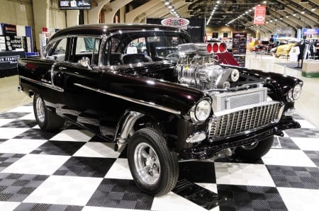 1955 Chevy Gasser - bowtie, black, motor, gm