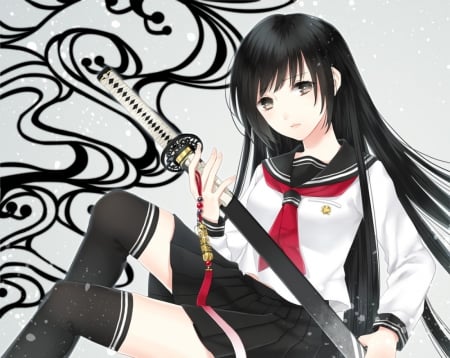 Katana - nice, female, anime girl, black, blade, black hair, white, pretty, katana, anime, sword, cute, adorable, girl, long hair, lovely, kawaii, sweet