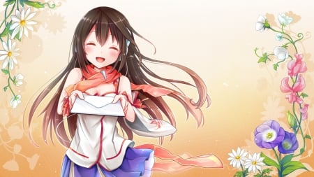 For U - nice, female, smiling, anime girl, black hair, brown hair, pretty, anime, cute, girl, adorable, blushing, long hair, lovely, cg, vocaloids, hd, letter, kawaii, floral, kokone, vocaloid, blossom, vlush, sweet, smile, flower