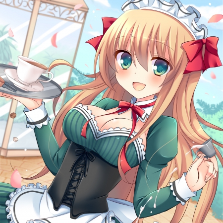 Coffee Any 1 - nice, beauty, female, smiling, blond, anime girl, blond hair, pretty, blonde hair, anime, ribbon, cute, coffee, sexy, adorable, girl, long hair, tea, cup, green eyes, kawaii, beautiful, sweet, smile, maid, lvoely, dress, blonde, happy