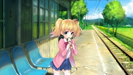 When Will U Come - waiting, pretty, anime, railroad, kawaii, female, scene, blonde, blond hair, long hair, station, blond, nice, anime girl, train station, girl, blonde hair, lovely, sweet, wait, jacket, cute, adorable, building