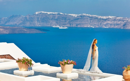 Amazing View - pots, bride, blue, sea, santorini, flowers, white, view, woman