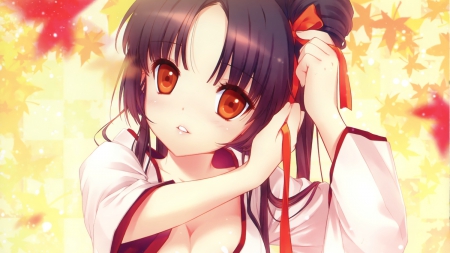 Red Ribbon - pretty, anime, kawaii, female, long hair, ribbon, face, nice, anime girl, hot, girl, lovely, brown hair, sweet, red eyes, cute, adorable, sexy