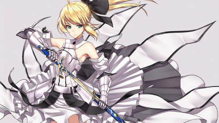 Saber Lily - pretty, saber, anime, female, dress, blonde, blond hair, long hair, blond, plain, nice, saberlily, gown, anime girl, beautiful, girl, sword, simple, blonde hair, beauty, lovely, sweet, knight, blade, white, fate stay night, excalibur