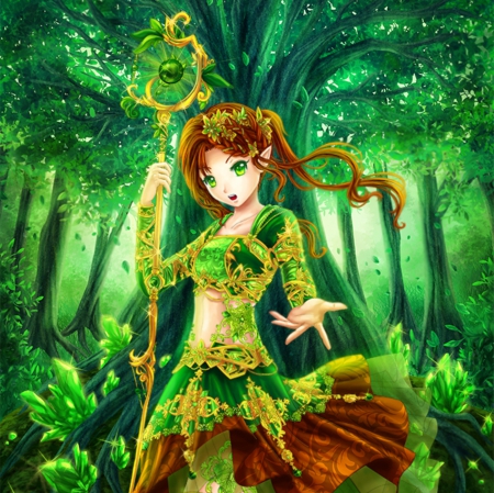 Earth - pretty, wand, anime, magic, female, dress, forest, long hair, rod, hd, weapon, nice, woods, anime girl, beautiful, staff, girl, beauty, lovely, brown hair, sweet, cg, green