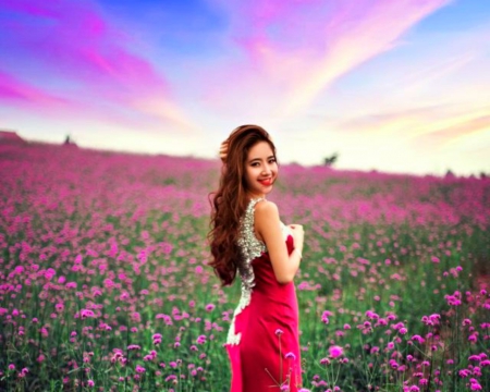 Flower Field Beauty - flowers, field, sky, woman