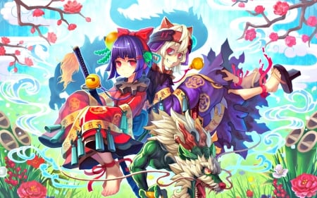 Flying with the dragon - flower, spring, sakura, anime, year, girl, blue, manga, fantasy, dragon, couple