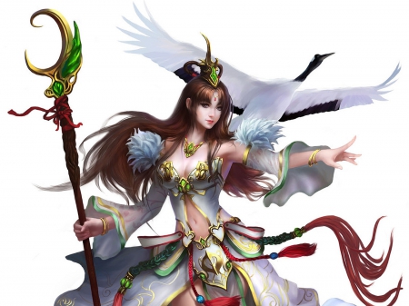 Fantasy girl - bird, game, girl, fantasy, white, woman, wings, crane, character