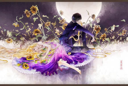 Fantasy couple - moon, woman, pixiv, couple, girl, valentine, fantasy, purple, game, yellow, man, anime, flower, dress, manga, guy