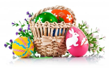 Happy Easter! - easter, basket, spring, white, eggs, rabbit, yellow, green, orange, pin