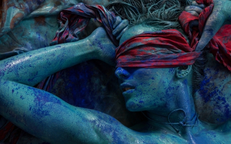 Lucrezia - woman, paint, blue paint, fantasy, blindfold