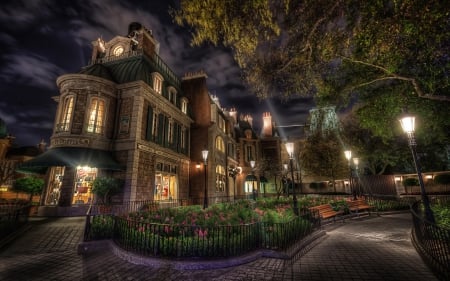 French Town Square at Night - town, city, night, buildings, architecture, village, cityscapes, town square, france