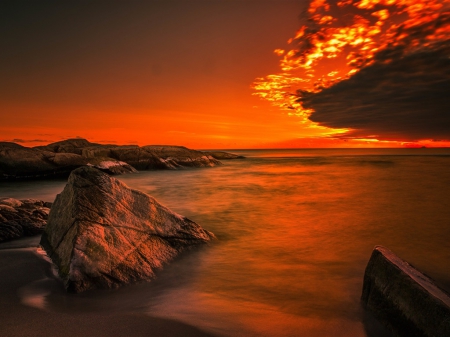 Beach Sunset - rocks, coast, beach, sunset, ocean