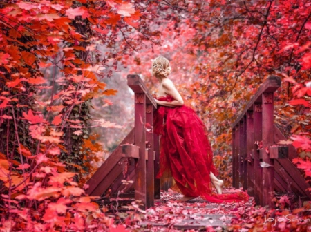 Waiting For Autumn - trees, girl, blonde, dess, autumn, red, woman, model, bridge