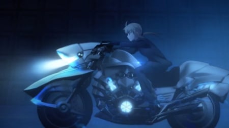 Night Rider - pretty, saber, anime, rider, female, scene, blonde, blond hair, night, light, wheels, dark, bike, blond, nice, motorcycle, anime girl, beautiful, girl, blonde hair, beauty, lovely, sweet, darkness, glow, glowing, fate stay night