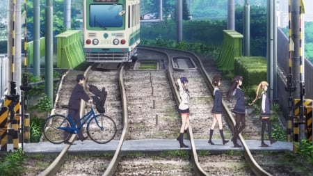 Railway Crossing - nice, female, tracks, anime girl, train, pretty, anime, cute, scene, railway, male, adorable, girl, crossing, walking, bicycle, lovely, school uniform, kawaii, boy, scenery, sweet