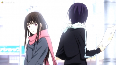 Cross Path - pretty, hiyori, anime, kawaii, female, long hair, boy, male, short hair, iki hiyori, nice, hiyori iki, anime couple, anime girl, beautiful, girl, yato, beauty, lovely, sweet, noragami, scarf, black hair, cute, adorable, couple