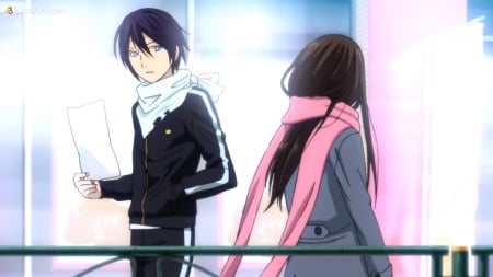 Cross Path - nice, beauty, female, anime girl, black hair, hiyori iki, pretty, anime, hiyori, cute, short hair, male, anime couple, yato, couple, noragami, adorable, girl, long hair, scarf, lovely, iki hiyori, kawaii, boy, beautiful, sweet