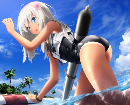 RO-500 - pretty, anime, female, scenery, beach, kantai collection, long hair, kantai, nice, sky, silver hair, anime girl, swimsuit, water, hot, girl, wet, lovely, sweet, cloud, sexy