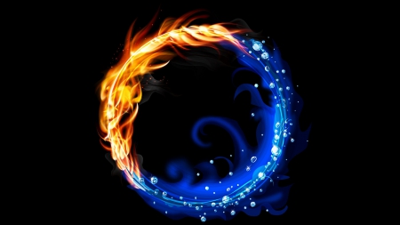 Fire & Water 2 - shapes, vector, water, circles, black background, fire