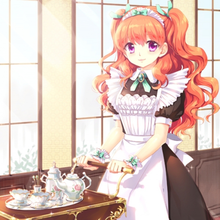 Time 4 Tea - beauty, nice, female, anime girl, pretty, orange hair, anime, purple eyes, cute, adorable, girl, tea, long hair, apron, lovely, kawaii, tea pot, beautiful, sweet, maid, dress