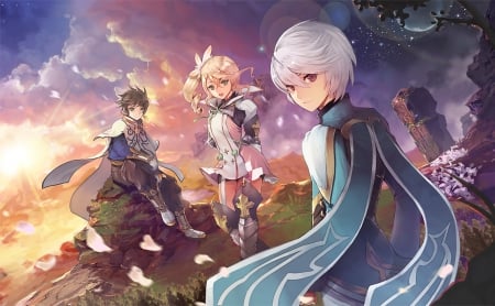 Tales of Zestiria - pretty, anime, female, scene, dress, blonde, blond hair, long hair, boy, armor, male, short hair, group, blond, nice, sky, rpg, video game, silver hair, anime girl, game, beautiful, girl, blonde hair, beauty, lovely, sweet, petals, cloud