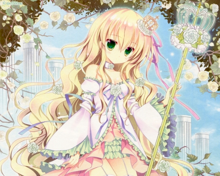 Pink Rose - princess, crown, anime girl, blond hair, blonde hair, petals, adorable, long hair, royalty, floral, pink, sweet, dress, nice, female, wand, tiara, blond, pink rose, rode, pretty, anime, cute, girl, rod, loli, staff, lovely, kawaii, blossom, blonde, lolita, flower