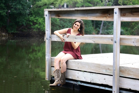 Relaxing On The Dock - style, girls, western, women, creek, models, ranch, cowgirls, dock, brunettes, river, fun, female, boots, fashion