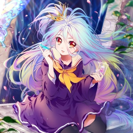 Shiro - pretty, anime, tiara, kawaii, female, crown, dress, long hair, blue hair, shiro, nice, anime girl, girl, lovely, sweet, blouse, no game no life, cute, adorable