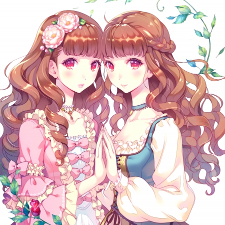 Me n Me - flower, cute, blossom, animegirl, adorable, twins, girl, double, pretty, kawaii, sweet, sisters, brown hair, anime, hd, dress, cg, long hair, nice, lovely, female