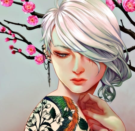 Shen - face, pink, sakura, shen, jounetsunoakai, girl, art, fantasy, tattoo, asian, woman