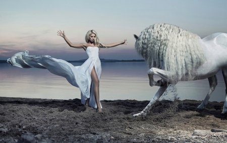 áƒš - white, woman, beauty, horse